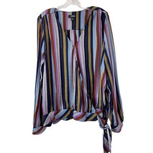 Metallic Multicolor Striped Faux Wrap Blouse Size XXL V Neck Festival Girl Boss